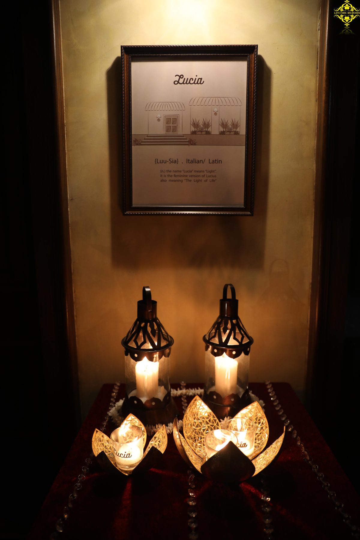 The Lucia name frame above lanterns and lotus candles